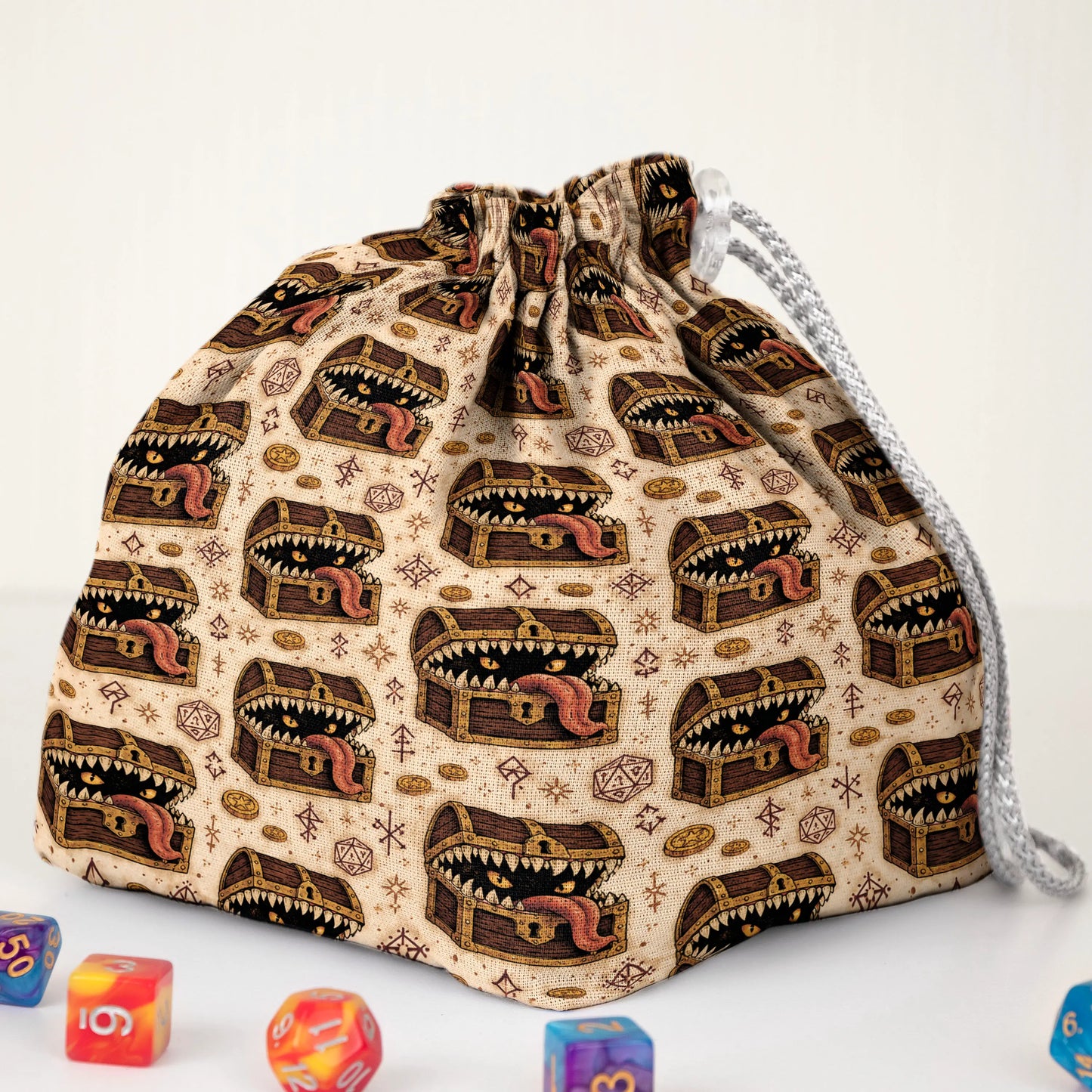 Treasure mimic dnd dice bag — square base stands upright, drawstring closure