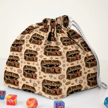 Treasure mimic dnd dice bag — square base stands upright, drawstring closure