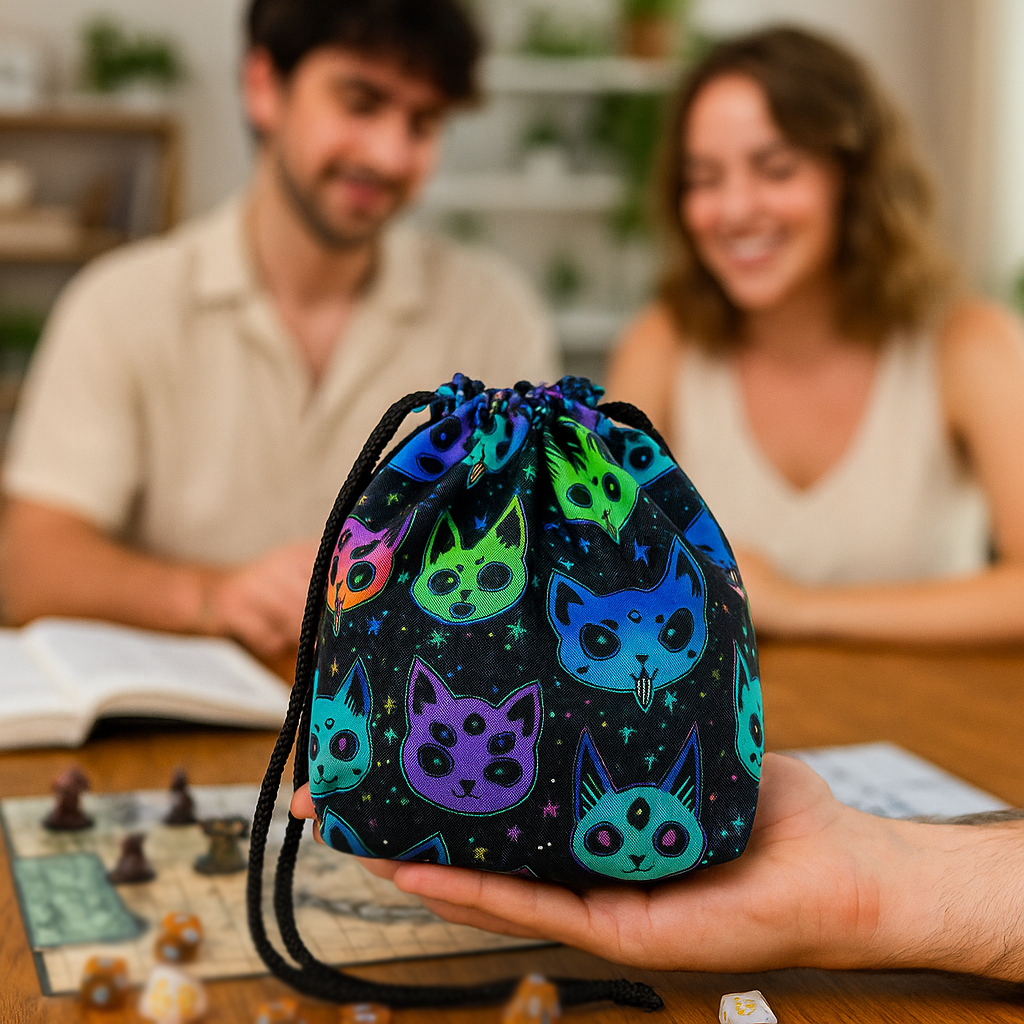 Friends using the GameFancy cats Dice Bag during a tabletop gaming session