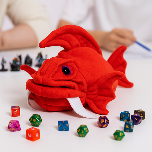 Handmade Dice bag fish, a whimsical plush dice pouch perfect for best dnd gifts and dnd gift ideas. Crafted from soft fleece inside and out with detailed fins and eyes. Spacious design (approx. 13 x 7 x 8 inches) holds 100+ dice, tokens, or minis. Features a secure zipper closure to keep contents safe. Gift-ready eco-friendly packaging. Ideal for DnD players, collectors, and tabletop RPG gamers