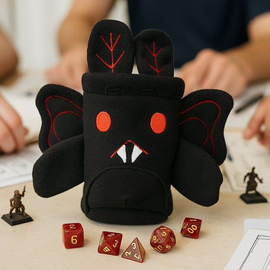 Mothman dice bag—a plush, fleece dungeons and dragons gift perfect for D&D, RPG, and tabletop gamers. Ideal as a dnd present or d and d gift, this bag features embroidered wings, expressive eyes, and holds up to 120 dice, minis, or tokens. Sturdy drawstring closure and upright design make it a standout dungeons and dragons present for any fan or Dungeon Master. A unique, magical gift for birthdays or special occasions.