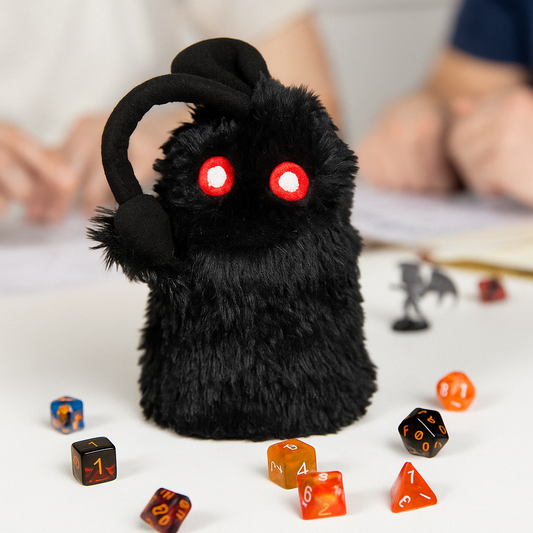 Handmade Lantern Fish dice bag designed with fantasy aquatic style. Ideal as best dnd gifts or creative dnd gift ideas for players and Dungeon Masters. Crafted from artificial fur, approx. 6x7.5 inches, fits up to 60 dice. Secure plastic clip keeps dice safe. Perfect for DnD, Pathfinder, and tabletop RPG sessions. A unique dice pouch that blends functionality and fantasy.