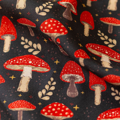 Close-up of GameFancy mushroom print fabric, forest design, used for handmade dice bag and tray sets