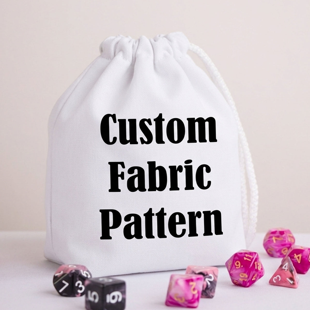 White small dice bag mockup with Custom Fabric Pattern placeholder text — your own artwork is printed here, GameFancy custom dice bag
