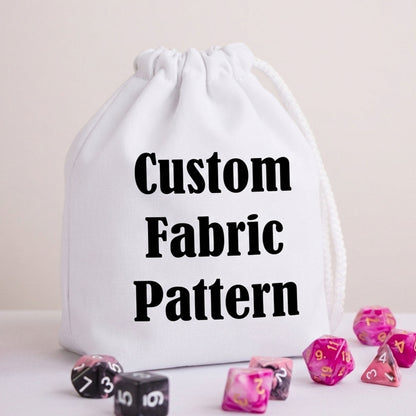 White small dice bag mockup with Custom Fabric Pattern placeholder text — your own artwork is printed here, GameFancy custom dice bag