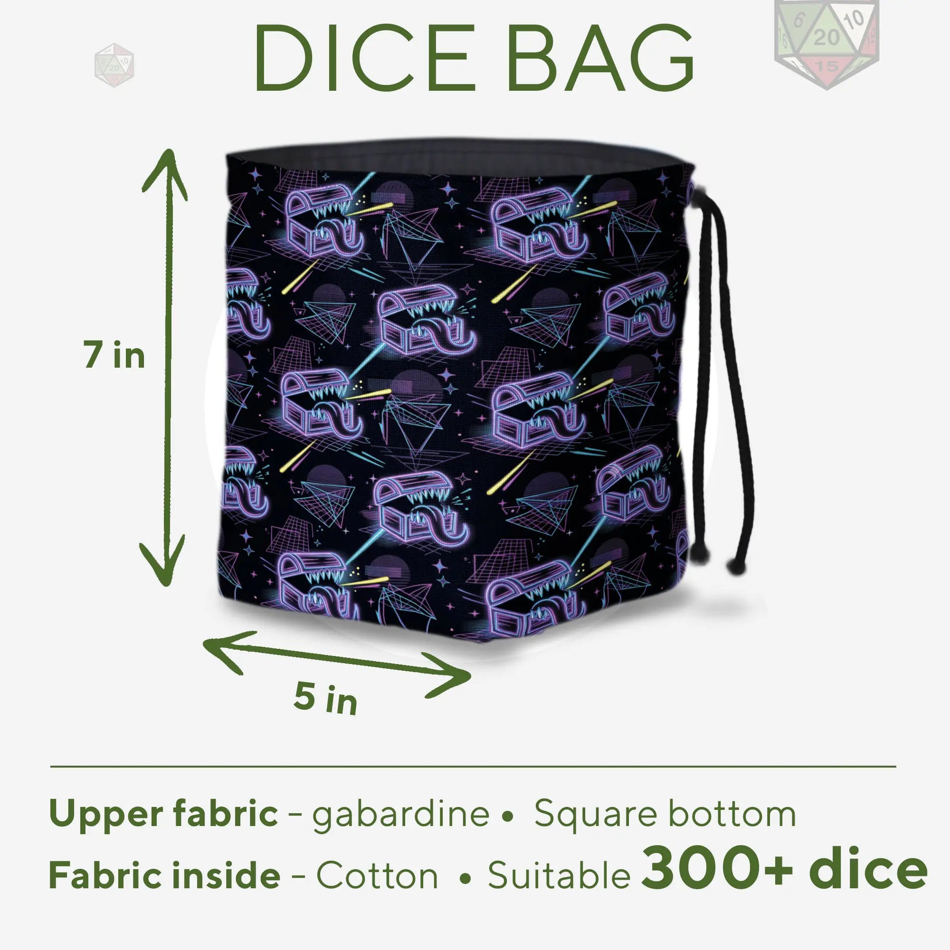 Neon mimic dnd dice bag — retrowave monster print, square base stands upright