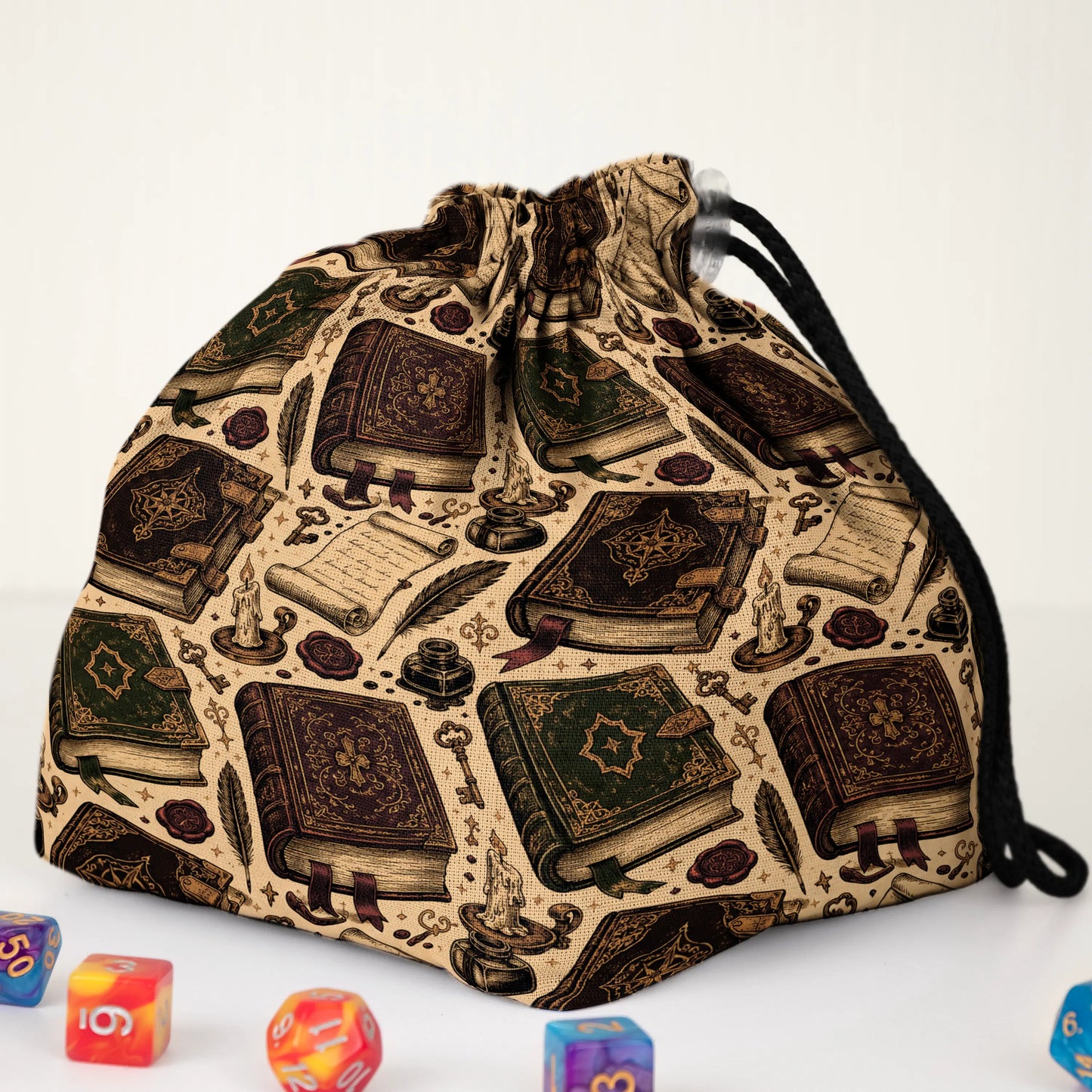Ancient Spellbooks dice bag with 6 pockets — sorts dice sets for a DM with multiple sets.