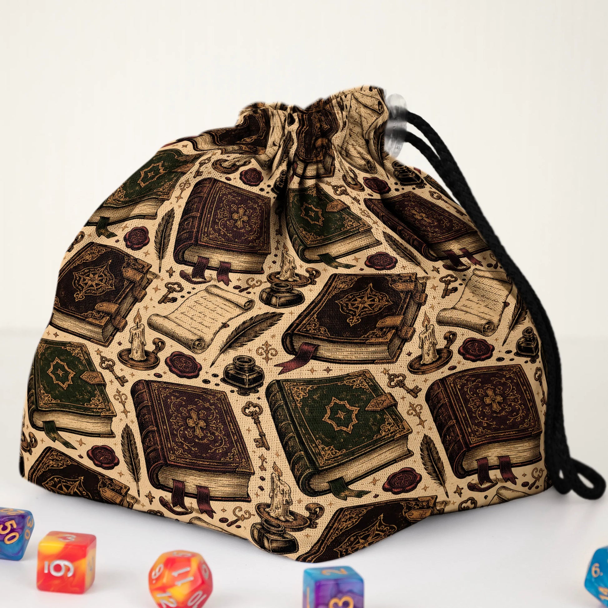 Ancient Spellbooks dice bag with 6 pockets — sorts dice sets for a DM with multiple sets.