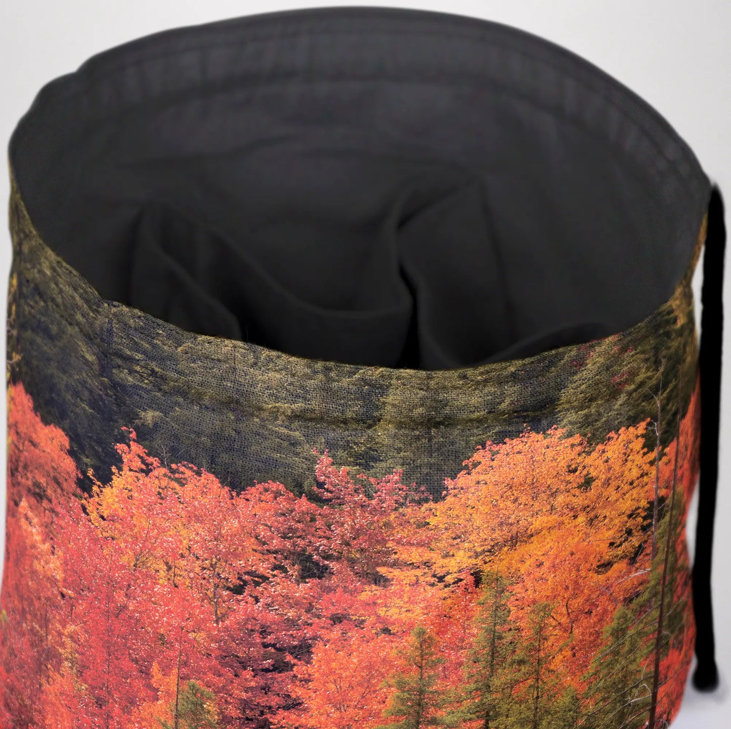 Handmade forest dice bag — a fall woodland scene, a 6-pocket cottagecore organizer.