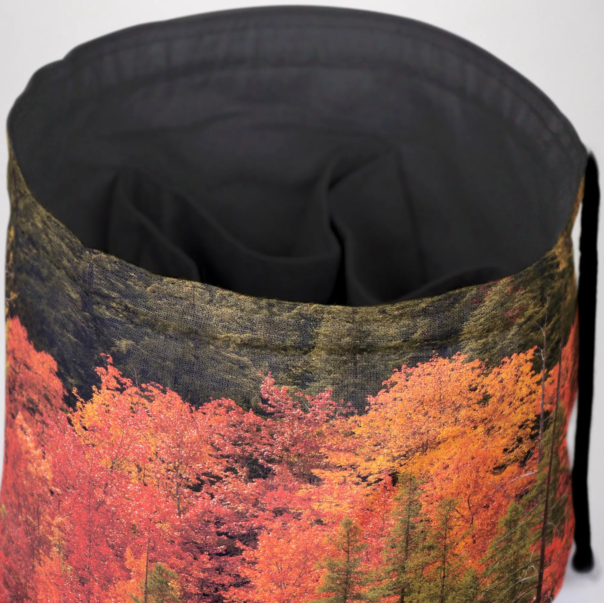 Handmade forest dice bag — a fall woodland scene, a 6-pocket cottagecore organizer.