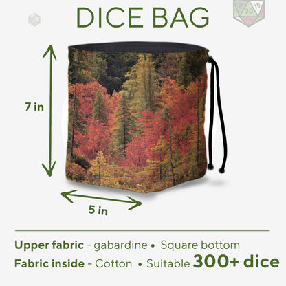 Autumn Forest dice bag with drawstring closure — woodland cottagecore DnD pouch.