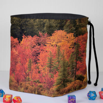 Autumn Forest dice bag standing upright on its square base for table-side access.