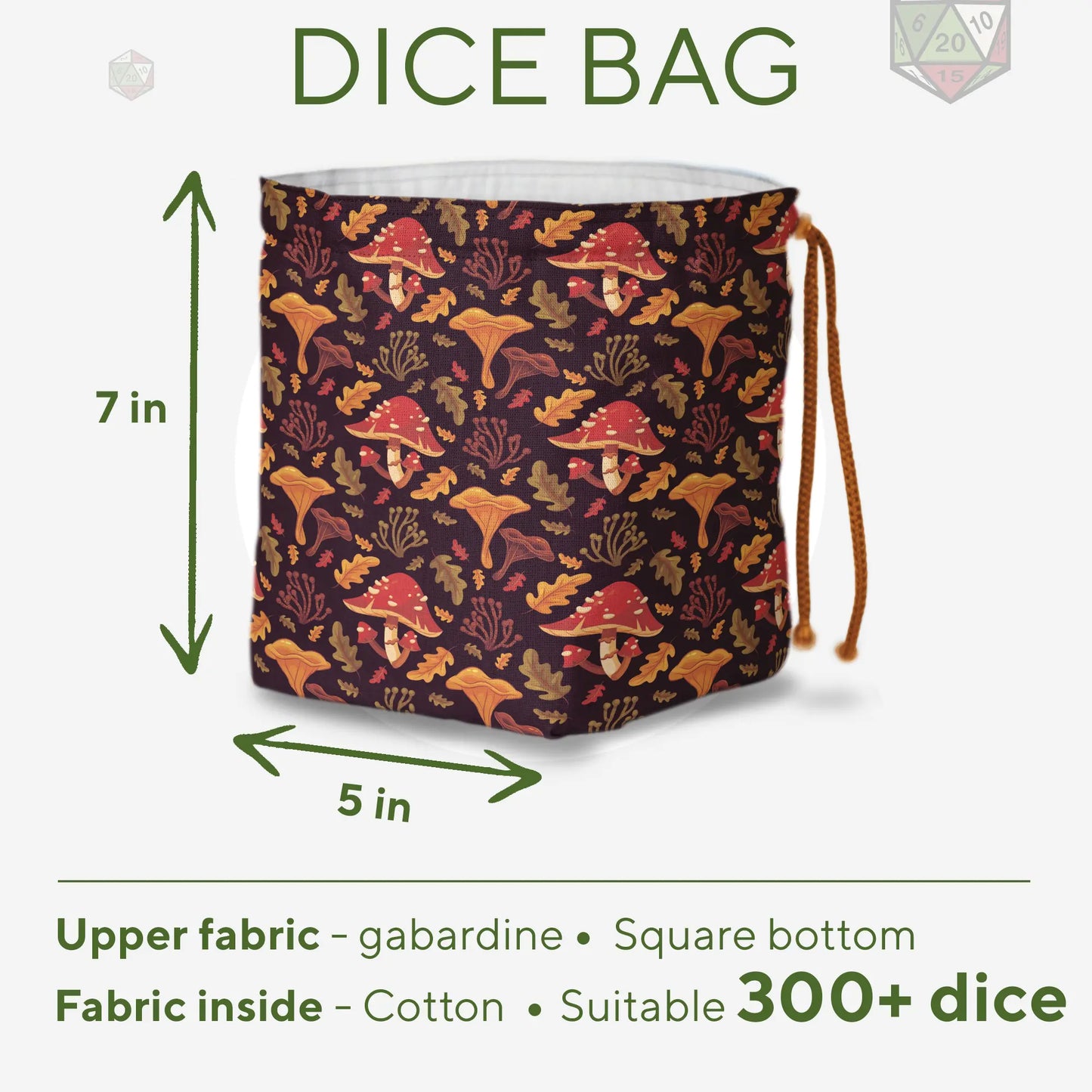 Autumn Mushroom dice bag with orange drawstring — cottagecore foraging DnD pouch.