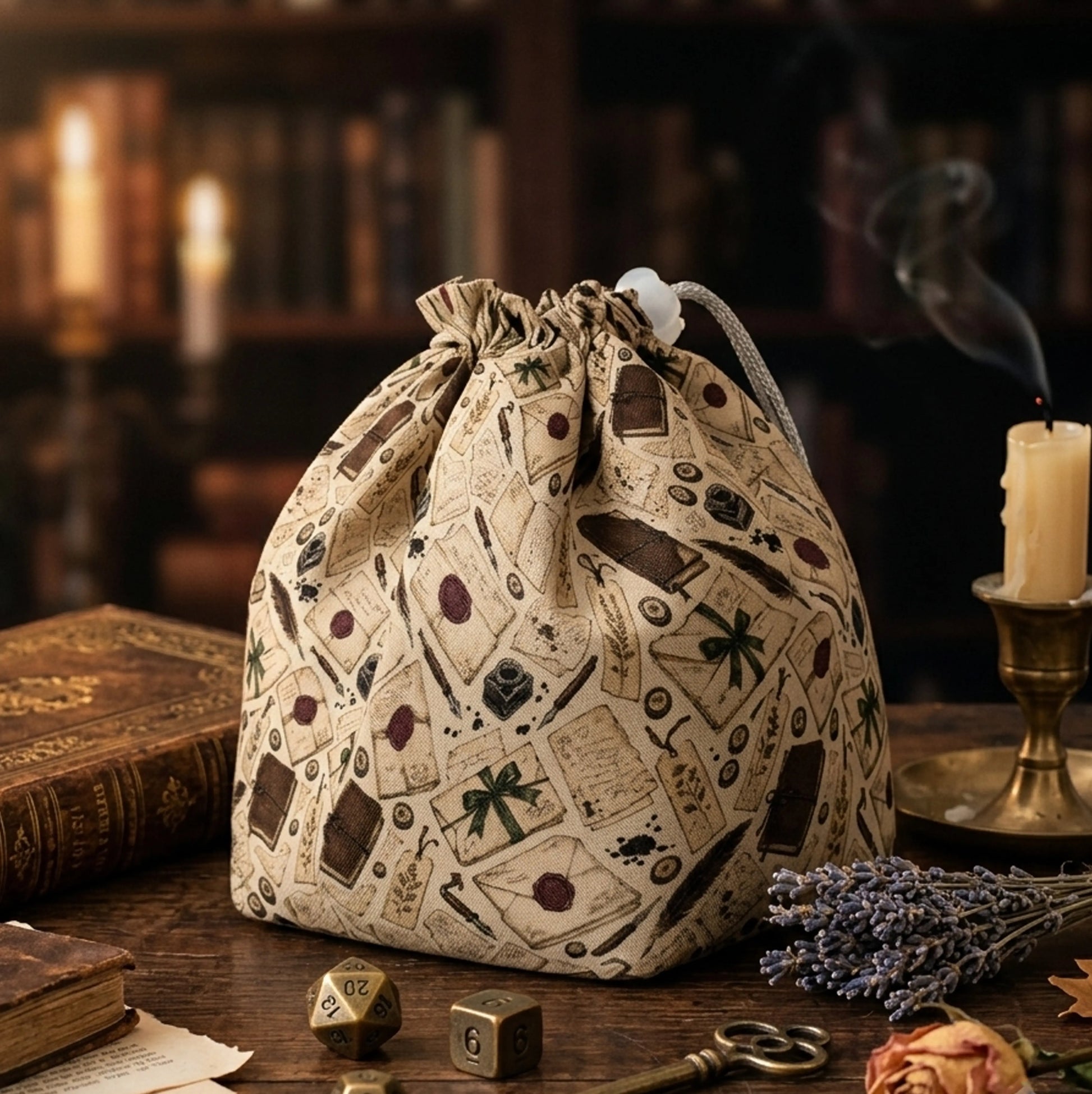 A dark academia dice bag for your character aesthetic — letters, wax seals and quills on linen, holds 300+ dice.