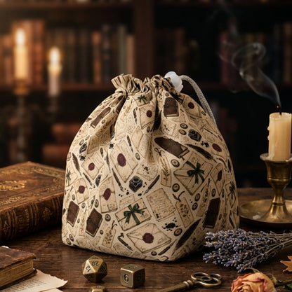 A dark academia dice bag for your character aesthetic — letters, wax seals and quills on linen, holds 300+ dice.