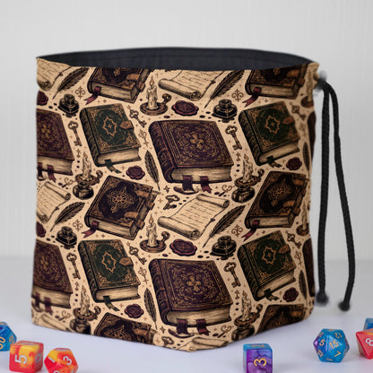 Grimoire dice bag standing open — large handmade DnD dice organizer.