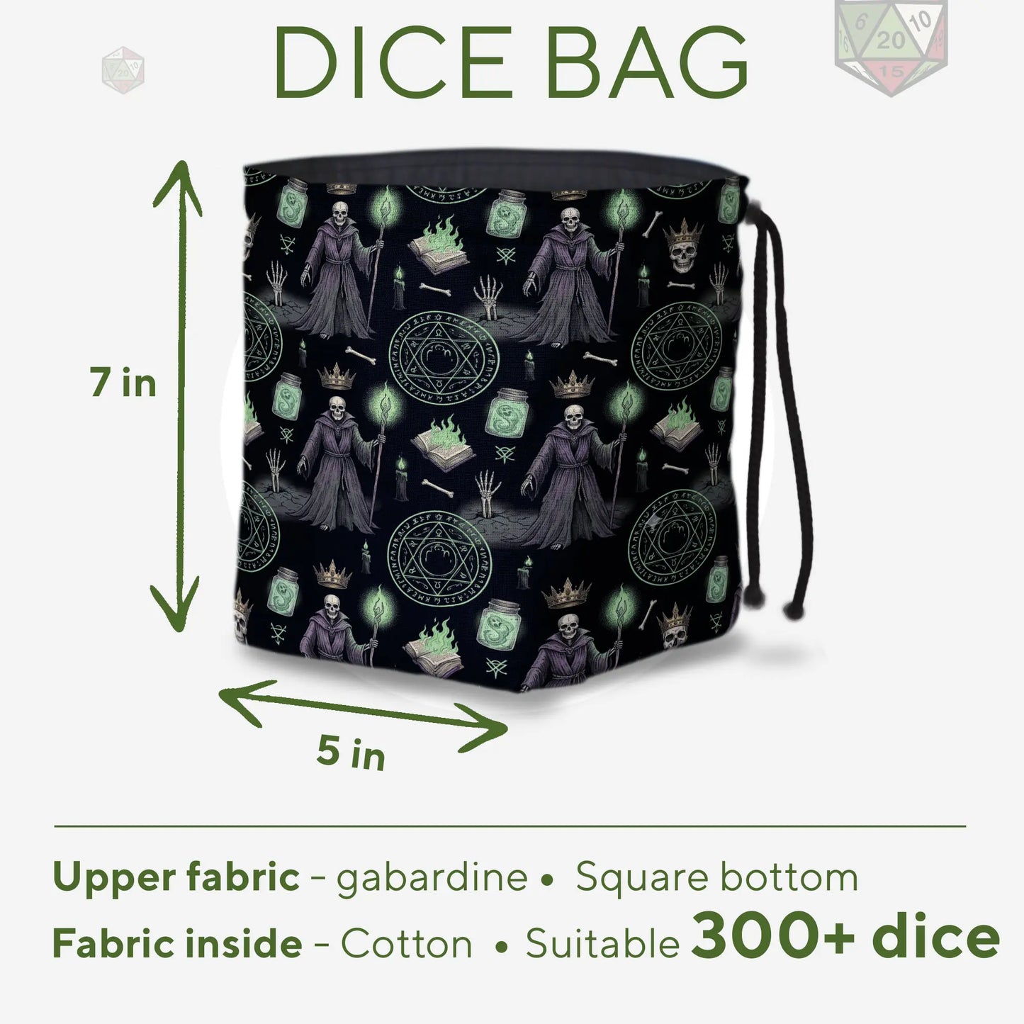 Lich necromancer dice bag held in hand — robed undead archmage print, drawstring closure