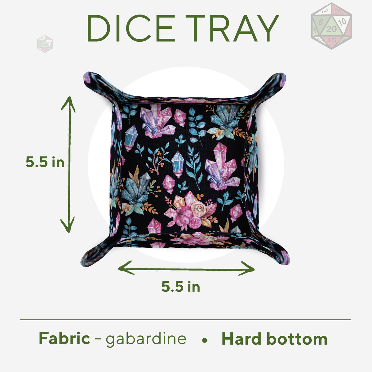 Crystal Witch dice tray size chart: 5.5 × 5.5 inch rolling area, gabardine fabric, hard bottom