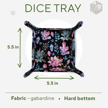 Crystal Witch dice tray size chart: 5.5 × 5.5 inch rolling area, gabardine fabric, hard bottom