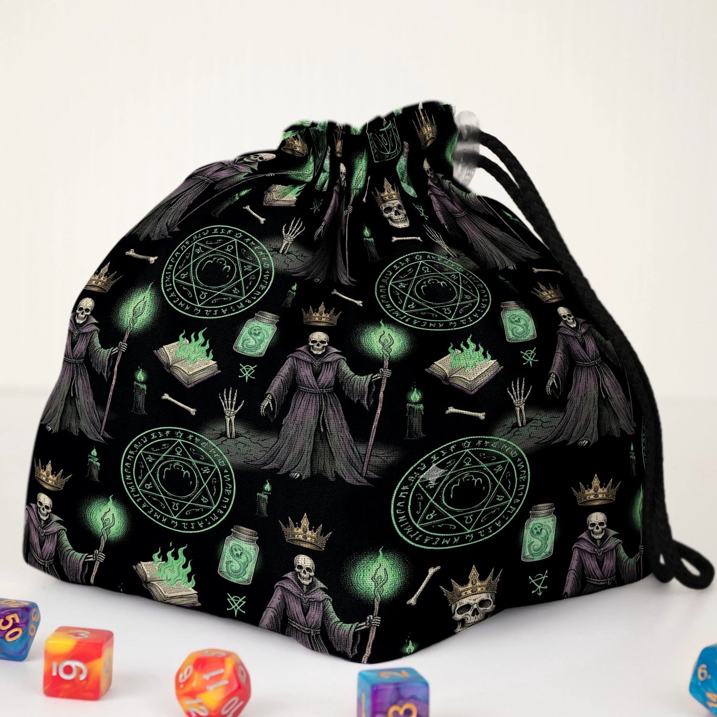 Lich dnd dice bag — dark fantasy monster print, square base stands upright on the table