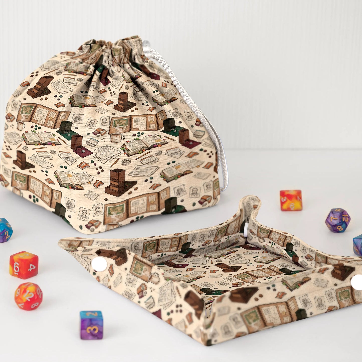 Dungeon Master's Desk dice bag and tray set — 6-pocket bag plus compact rolling tray, handmade.
