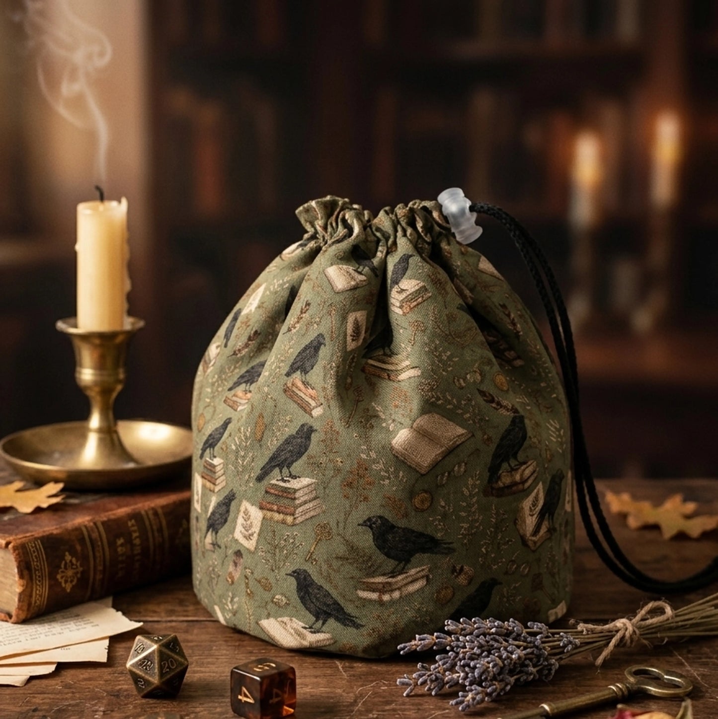 A dark academia dice bag for your aesthetic — black ravens, books and botanicals on sage green, holds 300+ dice.
