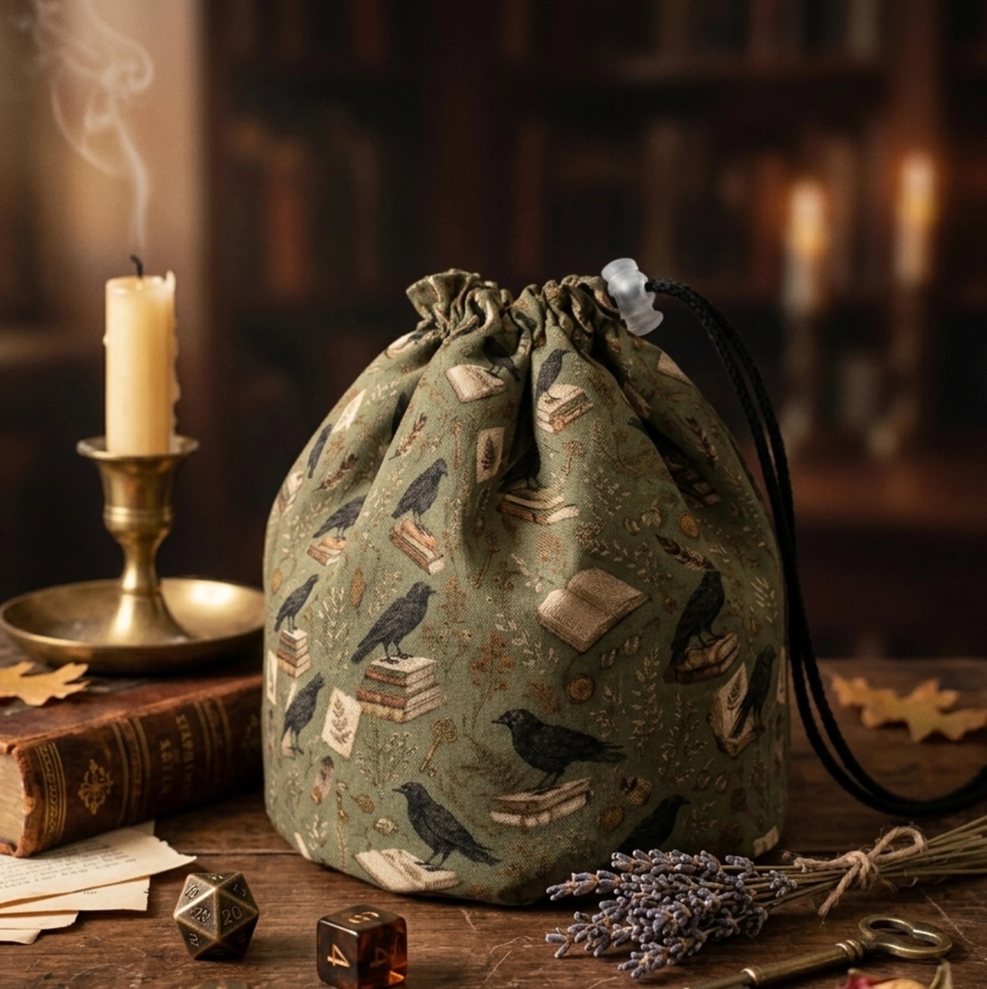 A dark academia dice bag for your aesthetic — black ravens, books and botanicals on sage green, holds 300+ dice.
