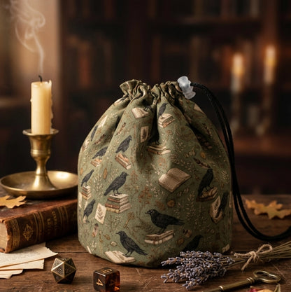A dark academia dice bag for your aesthetic — black ravens, books and botanicals on sage green, holds 300+ dice.