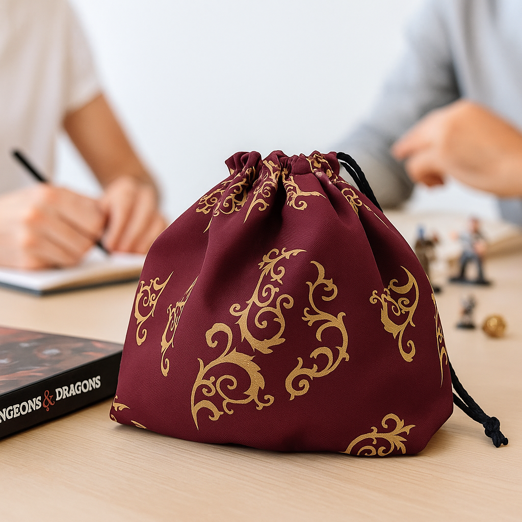 DnD dice bag—ideal dungeons & dragons gift and d & d gift for RPG fans and dice collectors. Features sturdy gabardine outer, soft 100% cotton lining, and optional 6 inner pockets for organizing dice and gaming accessories. Stands upright with a secure drawstring closure. Beautifully packaged and ready to gift, this dice bag is a thoughtful d&d present for birthdays, holidays, or any special occasion. Dice not included.
