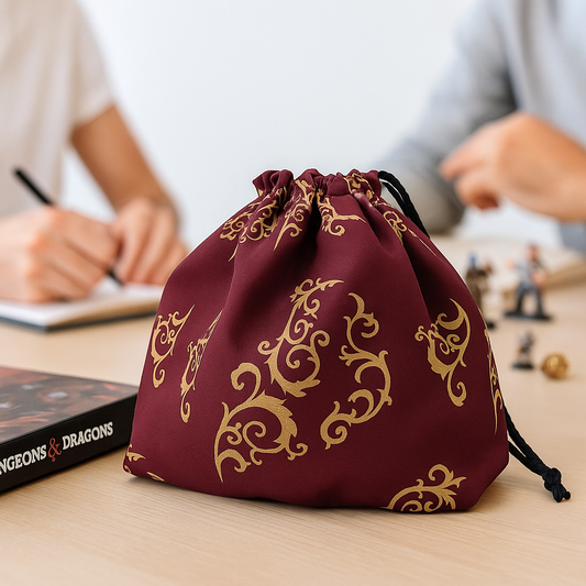 DnD dice bag—ideal dungeons & dragons gift and d & d gift for RPG fans and dice collectors. Features sturdy gabardine outer, soft 100% cotton lining, and optional 6 inner pockets for organizing dice and gaming accessories. Stands upright with a secure drawstring closure. Beautifully packaged and ready to gift, this dice bag is a thoughtful d&d present for birthdays, holidays, or any special occasion. Dice not included.