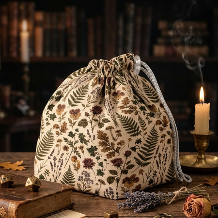A dark academia dice bag for your aesthetic — pressed flowers, ferns and herbs on linen, holds 300+ dice.