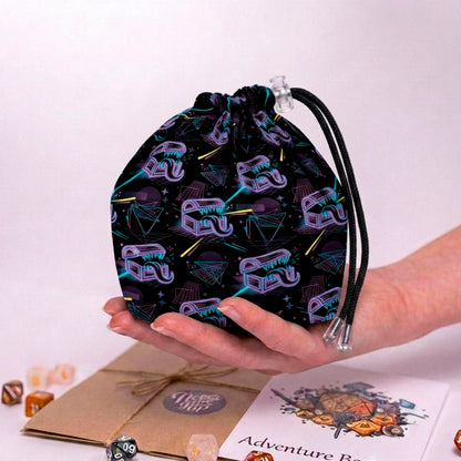 Neon mimic dice bag — synthwave mimic chests with teeth on black gabardine, holds 300+ dice
