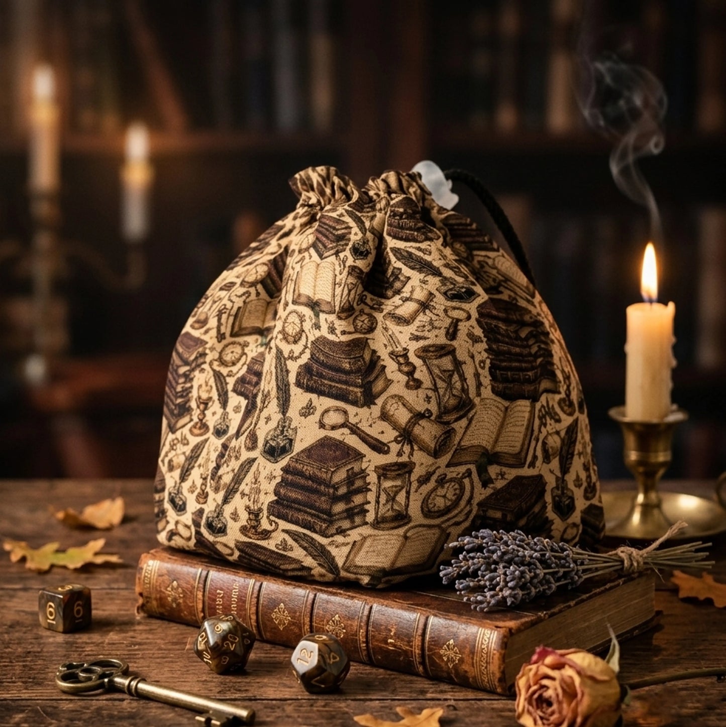 A dark academia dice bag for your character aesthetic — sepia books, scrolls and quills on parchment, holds 300+ dice.