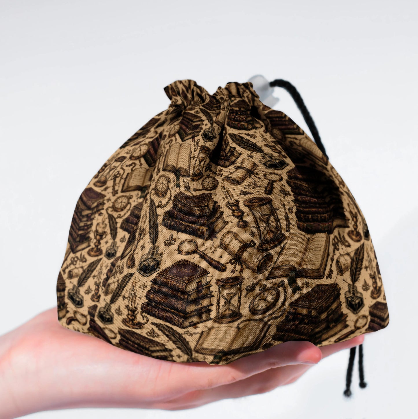 The Scriptorium dice bag standing upright on its square base for table-side access.