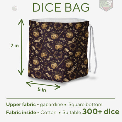 Detail of crowns and D20 shields on the brown DM crest dice bag — handmade in Ukraine.