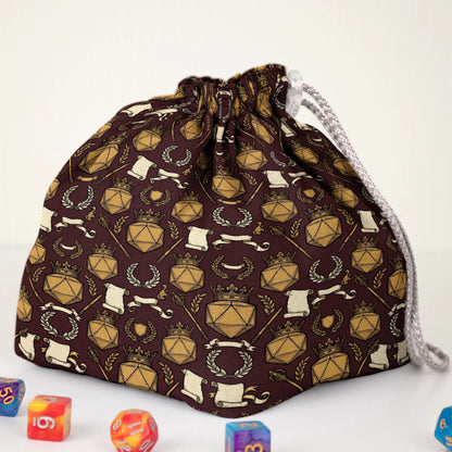 Dungeon Master crown dice bag standing upright on its square base.