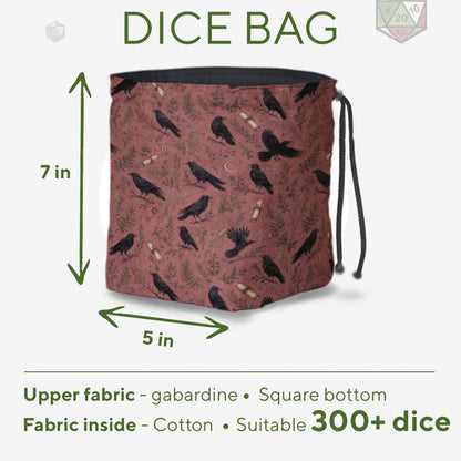 Detail of crows and ferns on the Fernwood Corvus dice bag — handmade terracotta gabardine.