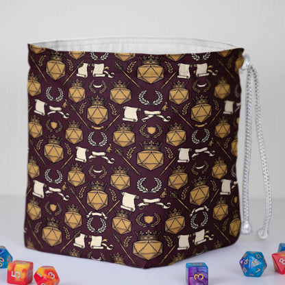 Gift for a dungeon master — crowned D20 crest dice bag with pockets on burgundy, holds 300+ dice.