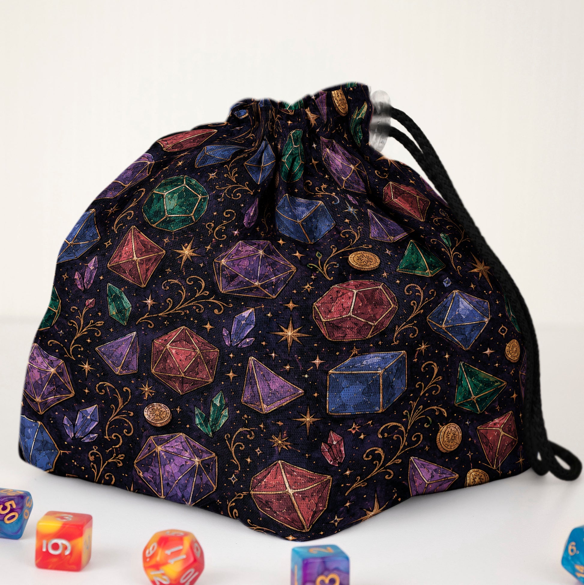 Crystal and gold filigree dice bag with pockets — gabardine DnD storage.