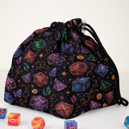 Crystal and gold filigree dice bag with pockets — gabardine DnD storage.