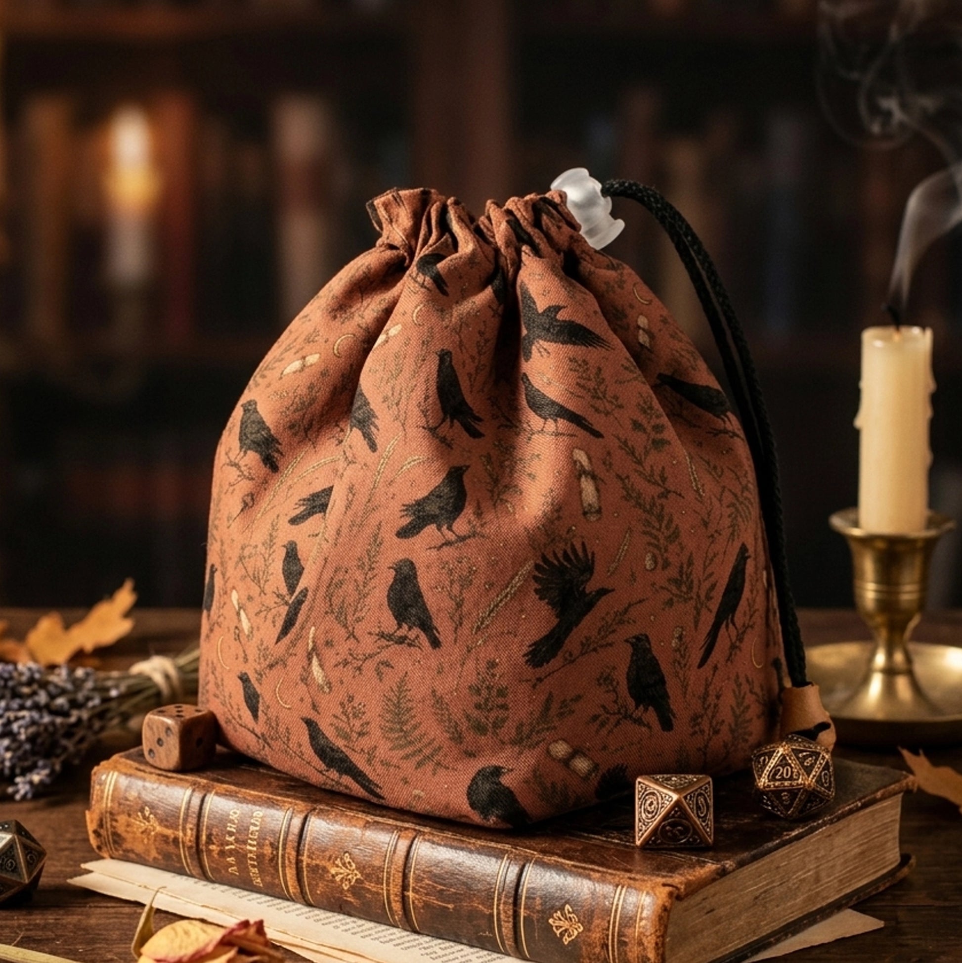 A dark academia dice bag for your character aesthetic — black crows and ferns on warm terracotta, holds 300+ dice.