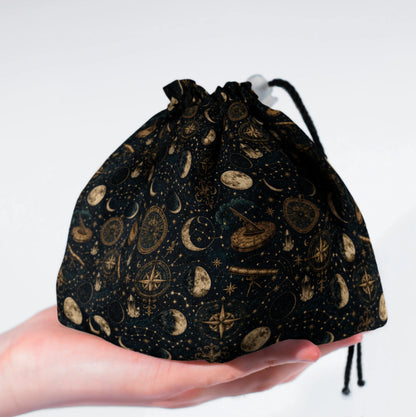 Celestial Almanac dice bag standing upright on its square base for table-side access.
