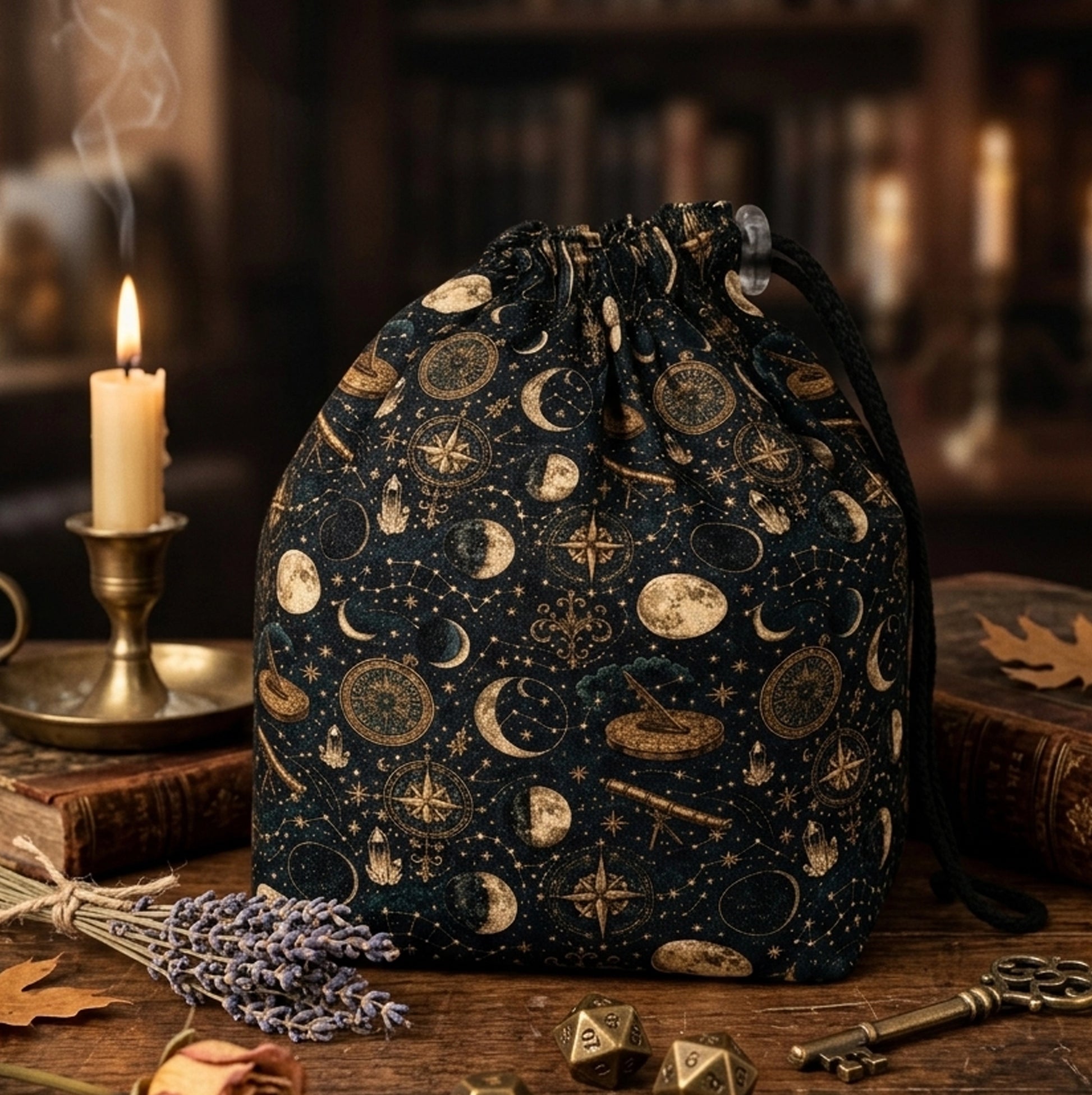 A dark academia dice bag for your aesthetic — gold moons, constellations and astrolabes on midnight navy, holds 300+ dice.