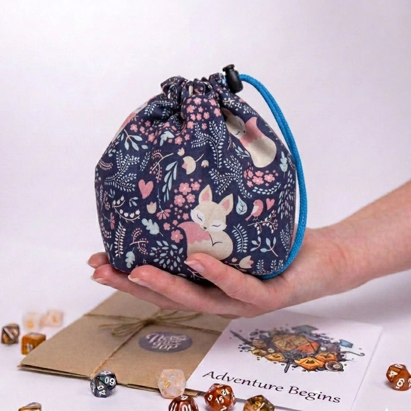 Handmade fox dice bag —  DnD gift with 6 pockets and 300+ dice capacity