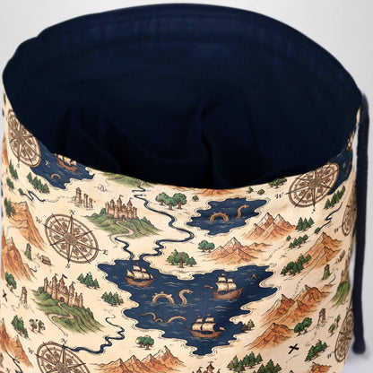 Voyager's Map dice bag standing open — large handmade dice bag with pockets.