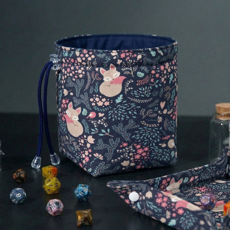 Whimsical fox dice bag and tray set — handmade matching DnD gift set with 6-pocket bag and fold-flat tray.