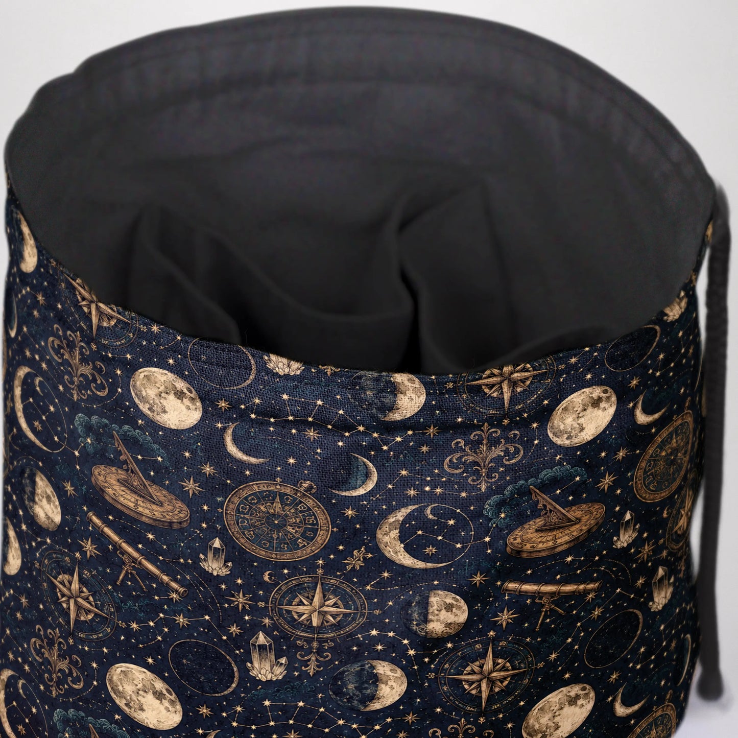 Celestial Almanac dice bag front view with drawstring closure — witchy astronomy DnD pouch.