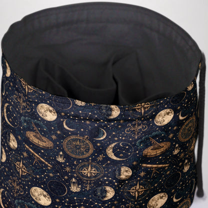 Celestial Almanac dice bag front view with drawstring closure — witchy astronomy DnD pouch.