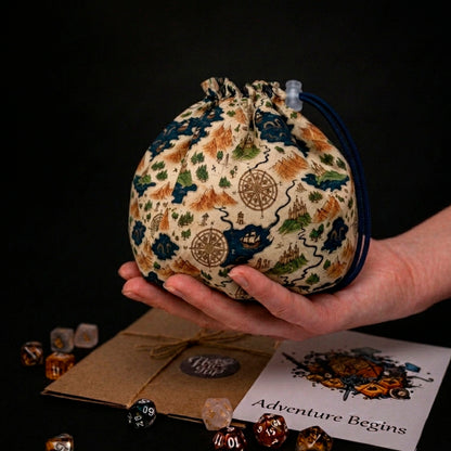 The best dungeon master gift — voyager's map dice bag with pockets, blue seas and compass roses, holds 300+ dice.
