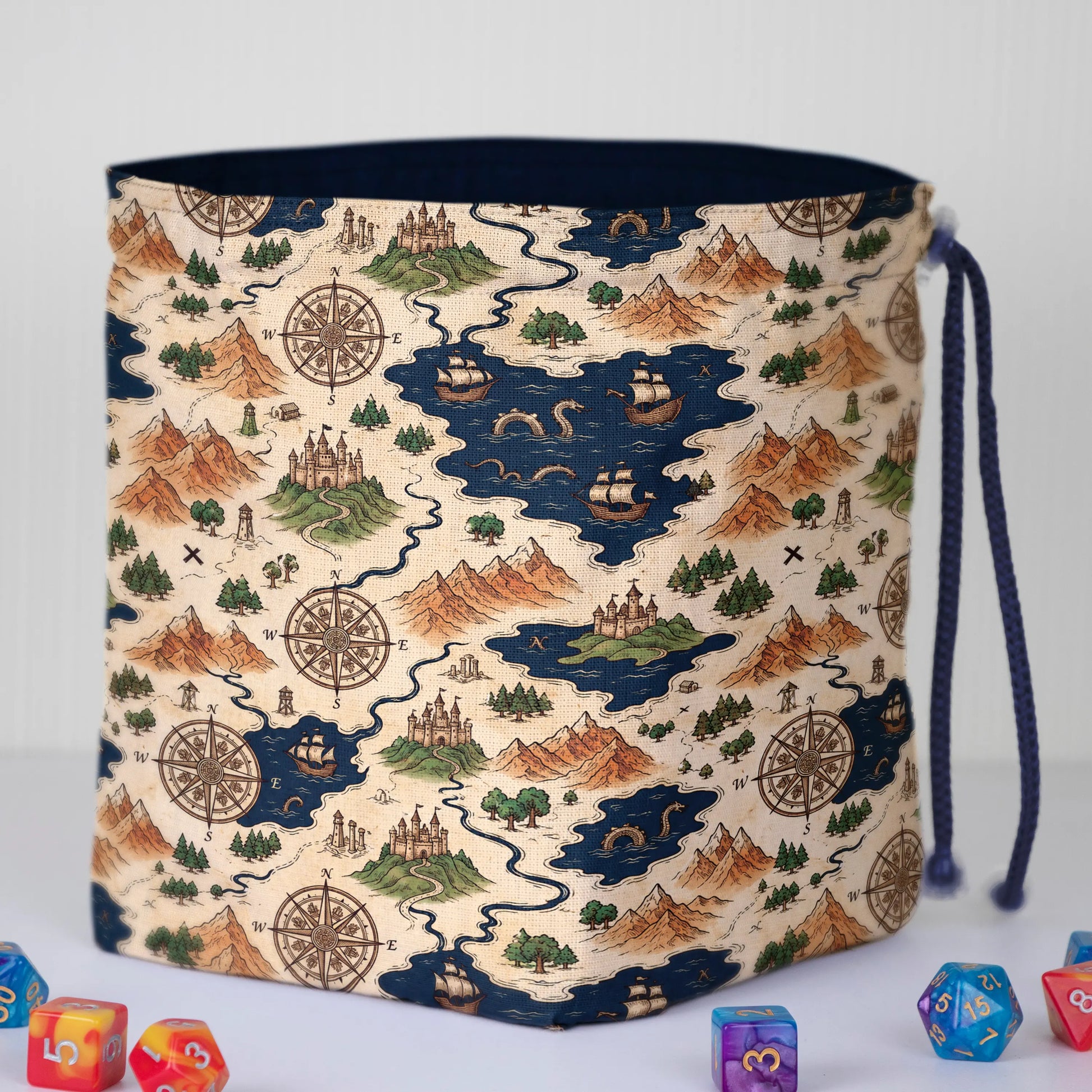 Nautical map dice bag with 6 pockets — sorts dice sets for a DM with multiple sets.